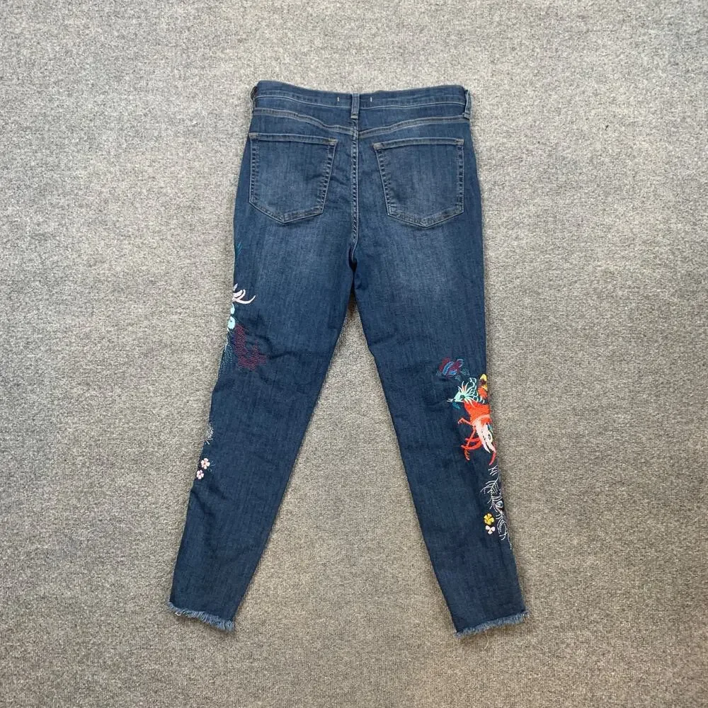 Free People Jeans Womens 30 Blue Embroidered Bird Skinny High Rise Raw Hem Denim
